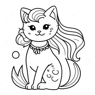 Elegant Mermaid Cat With Flowing Hair Coloring Page د رنګولو پاڼې